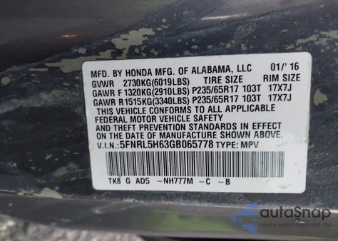 2016 Honda Odyssey Ex-L z USA, uszkodzony, nr VIN 5FNRL5H63GB065778